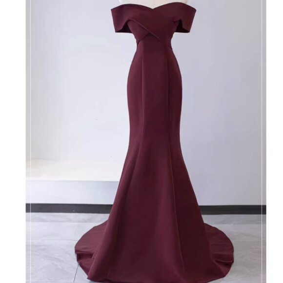 Regal Burgundy Off-Shoulder Mermaid Gown with Corset Back - Picture 3 of 13